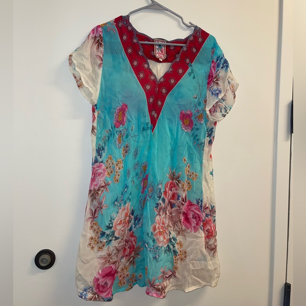 Johnny Was Floral V-Neck Tunic - Red and Blue